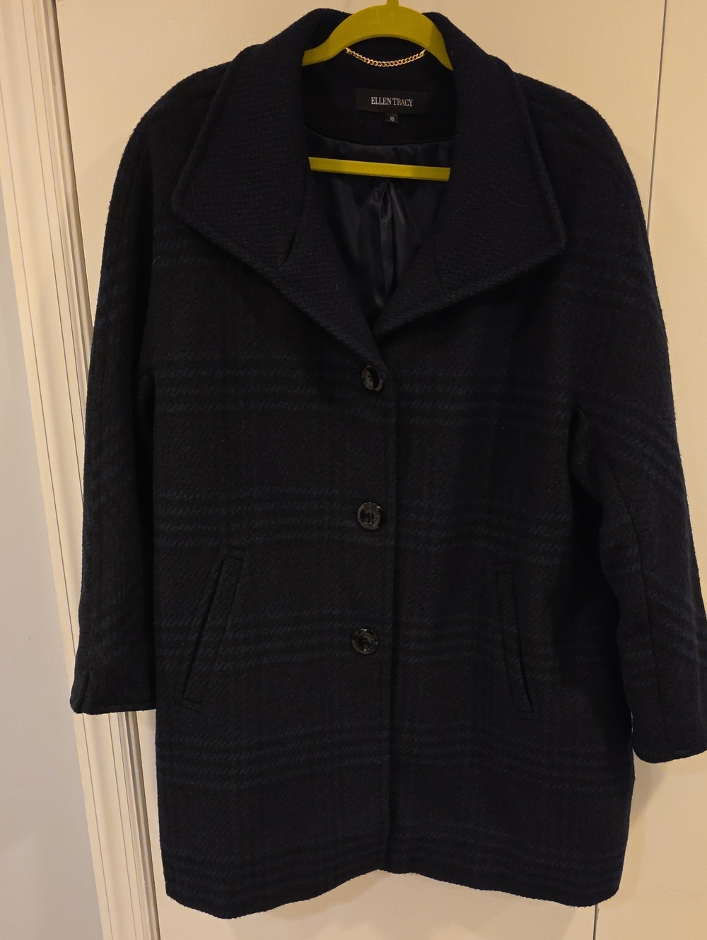 Ellen Tracy Dark Navy Plaid Wool-Blend Pea Coat